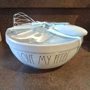 NWT!!Rae Dunn LOVE MY PEEPS Blue Mixing Bowl & Whisk Set